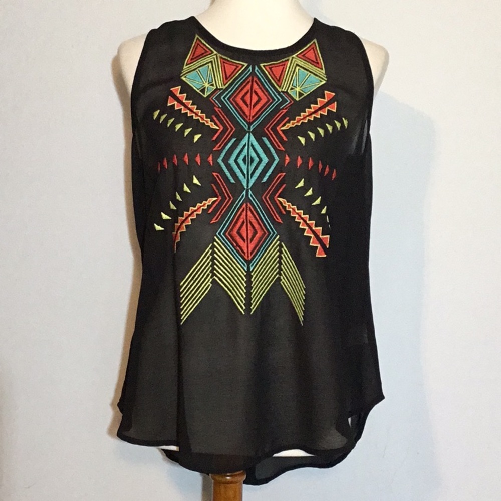Tribal print Lulumari sheer sleeveless blouse,flowy fit, slit open back, L